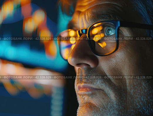 Focused Analyst Reviewing Market Data on Screens. Стоковое AI-изображение, AI-художник Кирилл Черезов / Фотобанк Лори