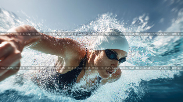 Focused female swimmer training underwater in pool during freestyle stroke. Стоковое AI-изображение, AI-художник Катерина Бондарец / Фотобанк Лори