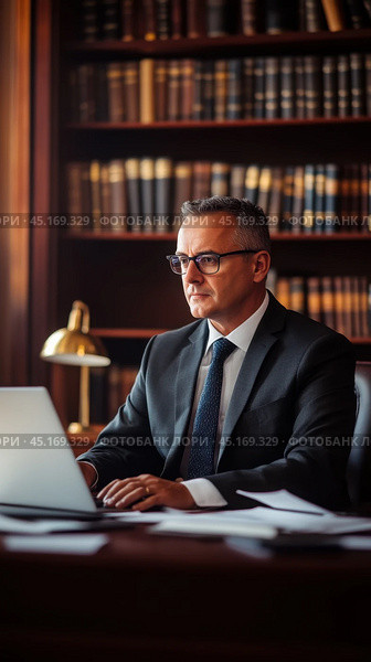 Focused lawyer working on laptop in classic office setting. Стоковое AI-изображение, AI-художник Sabyna75 / Фотобанк Лори