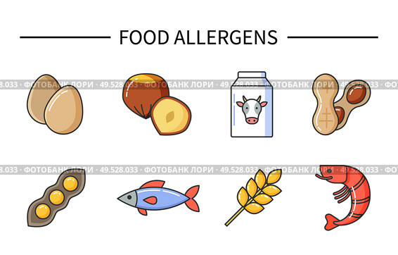 Food allergens, products causing illness and diseases vector. Allergy reasons, raw eggs and nuts, cow milk and beans with peas, wheat and fish shrimps. Food Allergens, Products Causing Illness Diseases. Стоковая иллюстрация, агентство Ingram Publishing / Фотобанк Лори