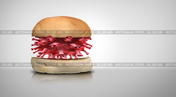 Food virus or highly contagious norovirus infection  risk due to contamination in meals we eat as a hamburger bun with a viral cell causing gastrointestinal illness with 3D illustration elements. Стоковое фото, агентство Ingram Publishing / Фотобанк Лори
