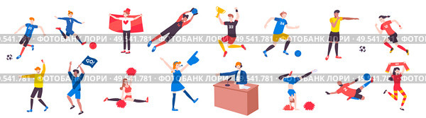 Football player flat set of isolated doodle style human characters with cheerleaders fans referees and broadcaster vector illustration. Стоковая иллюстрация, агентство Ingram Publishing / Фотобанк Лори