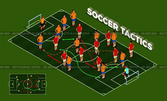 Football soccer isometric people composition with conceptual image of playground and football players with colourful arrows vector illustration. Soccer Tactics Isometric Background. Стоковая иллюстрация, агентство Ingram Publishing / Фотобанк Лори
