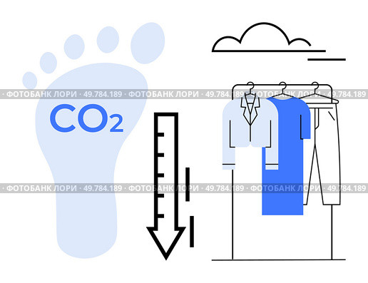 Footprint with CO2, downward arrow, clothing rack, cloud above. Ideal for sustainability, fashion industry, climate action, eco-conscious choices, environmental awareness pollution reduction green. Reducing Carbon Footprint in Fashion Industry Through Eco-Friendly Clothing Practices. Стоковая иллюстрация, агентство Ingram Publishing / Фотобанк Лори