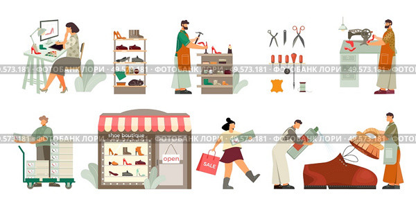 Footwear designer shoemaker shop window display customer purchased pumps shoes care cleaning flat compositions set vector illustration. Стоковая иллюстрация, агентство Ingram Publishing / Фотобанк Лори