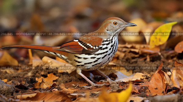 foraging brown thrasher ai generated. Стоковое AI-изображение, AI-художник Vectorwin / Фотобанк Лори
