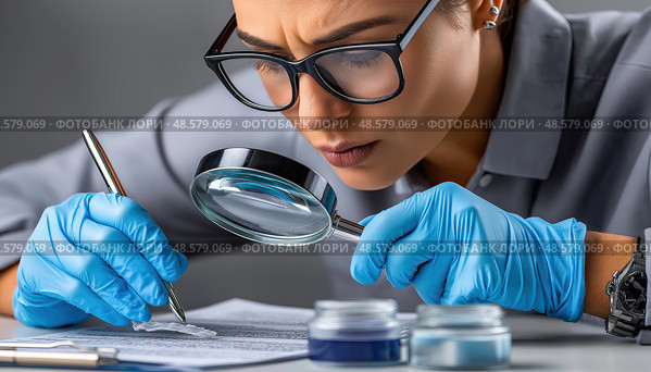 Forensic scientist examining evidence with magnifying glass and pen. Стоковое AI-изображение, AI-художник Юрий Поздников / Фотобанк Лори