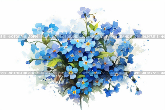 Forget-me-nots on white background, watercolor style, Generative AI. Стоковое AI-изображение, AI-художник Анна Кривицкая / Фотобанк Лори