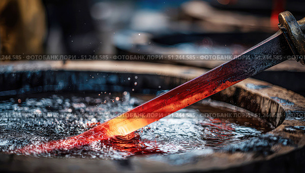 Forging a blade in molten metal at a traditional blacksmithing workshop. Стоковое AI-изображение, AI-художник Александр Довянский / Фотобанк Лори