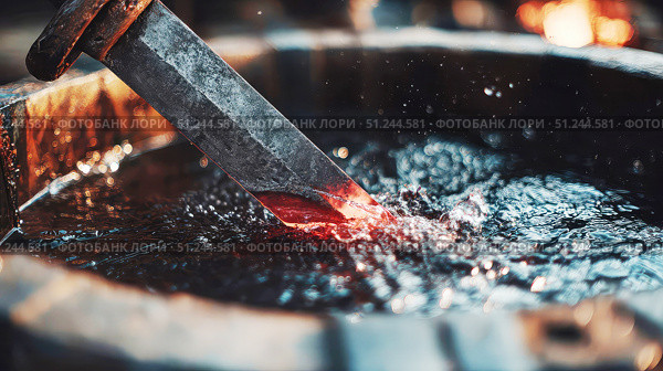 Forging a sword in molten metal at a traditional workshop during the late afternoon. Стоковое AI-изображение, AI-художник Александр Довянский / Фотобанк Лори