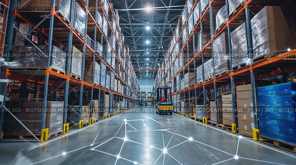 Forklift in a large warehouse. Стоковое AI-изображение, AI-художник Кирилл Черезов / Фотобанк Лори