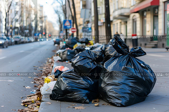 Фотография открытых черных мешков с мусором, лежащих на улицах города для вывоза на переработку. Стоковое AI-изображение, AI-художник Максим Коломыченко / Фотобанк Лори