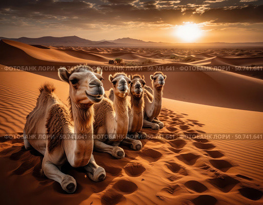Four camels are laying in the desert, with the sun setting in the background. Стоковое AI-изображение, AI-художник Ярославский Максим / Фотобанк Лори
