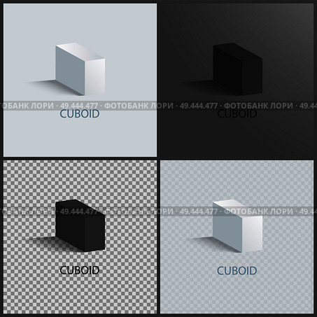 Four cuboids layouts, color vector illustrations, set of black and white cuboids, bright transparent and dark backdrops, geometric figures collection. Four Cuboids Layouts, Color Vector Illustrations. Стоковая иллюстрация, агентство Ingram Publishing / Фотобанк Лори