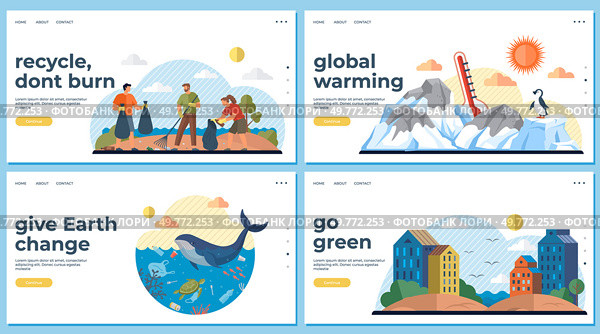 Four diverse scenes with messages about recycling, global warming, marine life conservation, and green living. Ideal for environmental education, conservation efforts, awareness campaigns. Environmental Awareness with Recycling, Global Warming, Conservation, and Green Living Messages. Стоковая иллюстрация, агентство Ingram Publishing / Фотобанк Лори