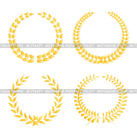 Four golden laurel wreaths are arranged in a square pattern with unique leaf styles. Each wreath symbolizes victory, honor, accomplishment, and prestige. Ideal for awards, certificates, logos. Golden Laurel Wreath Collection with Four Designs Signifying Victory and Achievement. Стоковая иллюстрация, агентство Ingram Publishing / Фотобанк Лори