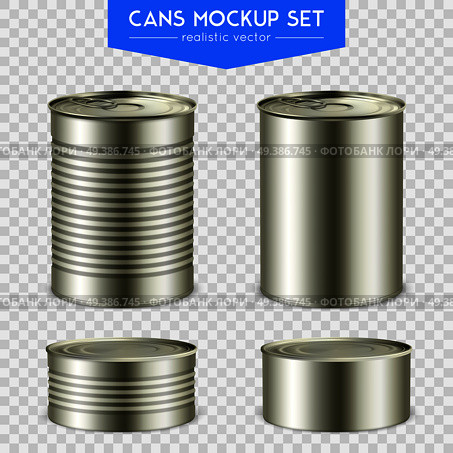 Four realistic cylindrical tin mockup cans various height with top and bottom set transparent background vector illustration   . Realistic Cylindrical Cans Mockup Set . Стоковая иллюстрация, агентство Ingram Publishing / Фотобанк Лори