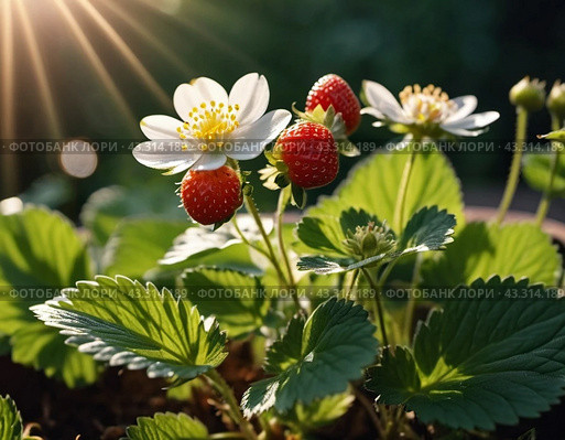 Fragaria is genus of flowering plants in rose family, Rosaceae, commonly known as strawberries for edible fruits. Hybrids and cultivars. Garden strawberry, hybrid Fragaria ananassa. Generated AI. Стоковое AI-изображение, AI-художник Юлия Петровская / Фотобанк Лори