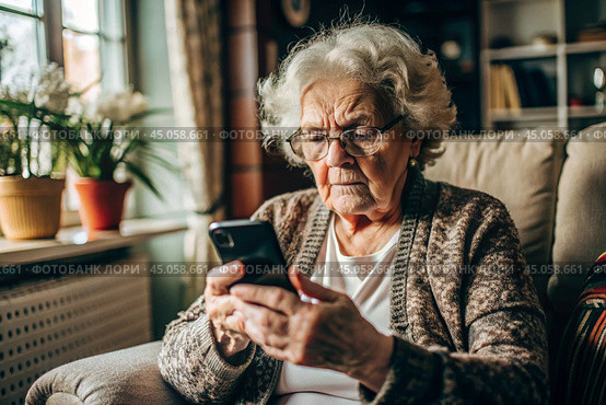 Fraud and deception. A shocked, worried elderly woman looking at her smartphone with unpleasant surprise, experiencing stress, financial problems, money theft. Стоковое AI-изображение, AI-художник Photojuli / Фотобанк Лори