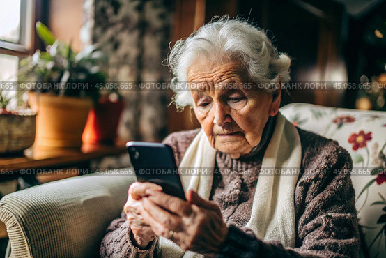 Fraud and deception. A shocked, worried elderly woman looking at her smartphone with unpleasant surprise, experiencing stress, financial problems, money theft. Стоковое AI-изображение, AI-художник Photojuli / Фотобанк Лори