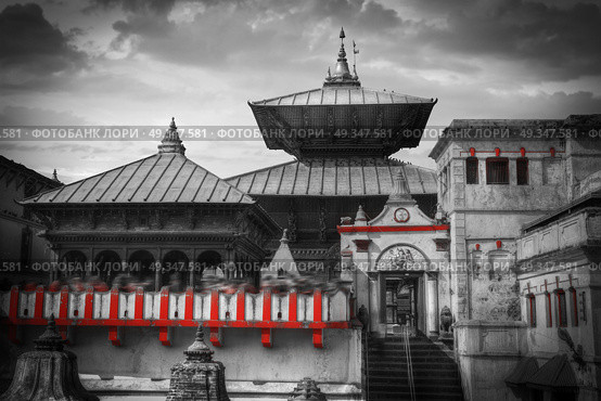 Freely walk monkey. Votive temples and shrines in a row at Pashupatinath Temple, Kathmandu, Nepal. black and white photography. Pashupatinath Temple. Стоковое фото, агентство Ingram Publishing / Фотобанк Лори