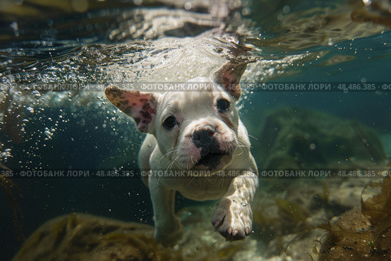 French bulldog puppy swimming underwater in clear water. Стоковое AI-изображение, AI-художник Иван Рябоконь / Фотобанк Лори