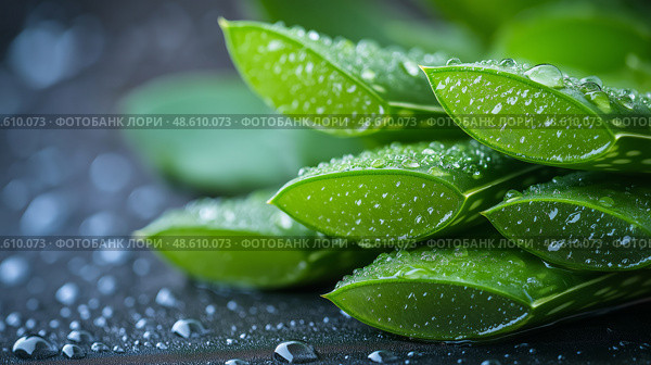 Fresh aloe vera leaves with water droplets on dark background in close-up. Свежие листья алоэ вера с капельками воды на темном фоне крупным планом. Стоковое AI-изображение, AI-художник Katsiaryna Repich / Фотобанк Лори