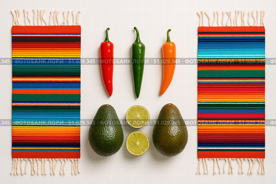 Fresh avocados, chili peppers, and lime arranged between two vibrant striped Mexican table runners on a white background. Стоковое AI-изображение, AI-художник Башкирова Анна / Фотобанк Лори