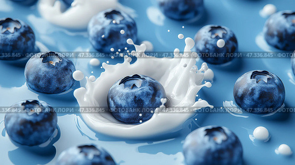 Fresh blueberries splashing in creamy milk on a vivid blue surface. Свежая черника плещется в сливочном молоке на яркой голубой поверхности. Стоковое AI-изображение, AI-художник Katsiaryna Repich / Фотобанк Лори