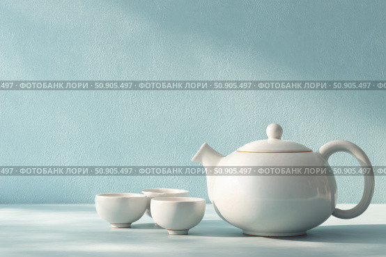 Fresh brewed hot tea set with two cups and a teapot among gray beige wall with copy space. Steaming teacups. Perfect design for tea party, cafe shop, restaurants, afternoon tea. Drink or beverage. Стоковое AI-изображение, AI-художник Марина Демидюк / Фотобанк Лори