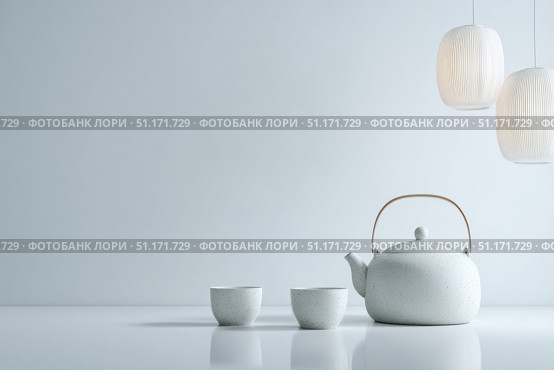 Fresh brewed hot tea set with two cups and a teapot among gray beige wall with copy space. Steaming teacups. Perfect design for tea party, cafe shop, restaurants, afternoon tea. Drink or beverage. Стоковое AI-изображение, AI-художник Марина Демидюк / Фотобанк Лори