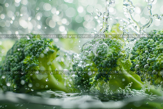 Fresh broccoli florets being washed under running water, promoting healthy eating habits. Стоковое AI-изображение, AI-художник Иван Рябоконь / Фотобанк Лори