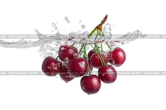 Fresh cherries splash as water droplets create a dynamic display. Свежие вишни разлетаются от капель воды, создавая динамичное зрелище. Стоковое AI-изображение, AI-художник Katsiaryna Repich / Фотобанк Лори