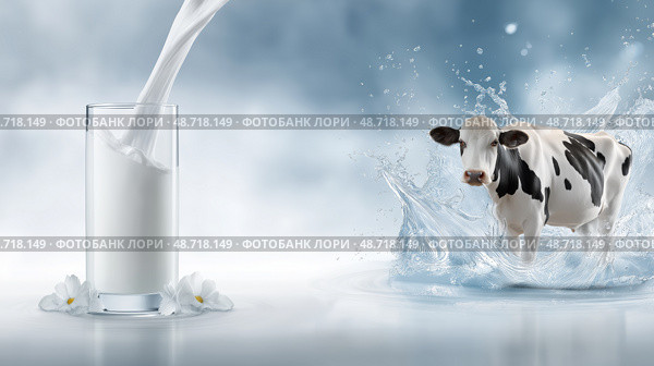 Fresh Cow's Milk Pouring into Glass with Pastoral Farm Background, Natural Dairy Promotion. свежее коровье молоко льется в стакан на фоне пасторальной фермы, реклама натуральных молочных продуктов. Стоковое AI-изображение, AI-художник Katsiaryna Repich / Фотобанк Лори
