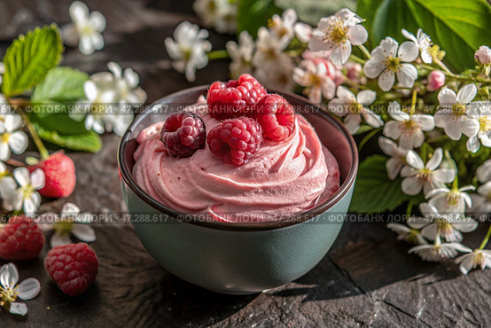 Fresh dairy products, cottage cheese with fresh raspberries in ceramic dishes. The concept of natural, dietary nutrition. Healthy foods. Стоковое AI-изображение, AI-художник Photojuli / Фотобанк Лори