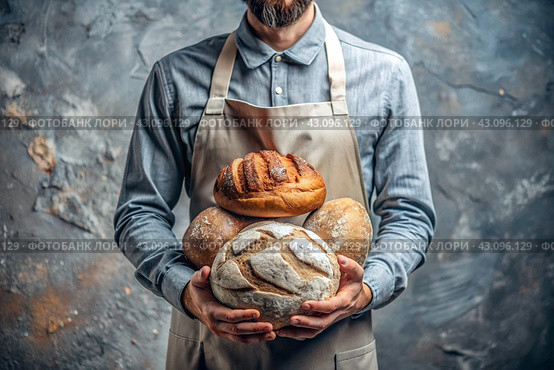 Fresh delicious bread in the hands of a male baker in close-up. Freshly baked sourdough bread with a golden crust on a wooden board. The context of a bakery with delicious bread. Confectionery products. Стоковое AI-изображение, AI-художник Photojuli / Фотобанк Лори