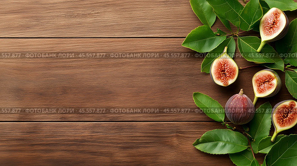 Fresh figs arranged on wooden surface with green leaves for healthy eating inspiration. Стоковое AI-изображение, AI-художник Сергей Толмачёв / Фотобанк Лори