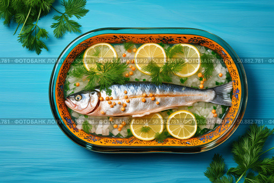 Fresh fish marinating with lemon, onion, peppercorns, and dill in glass baking dish. Стоковое AI-изображение, AI-художник Иван Рябоконь / Фотобанк Лори