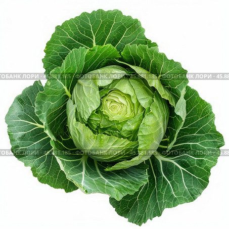 Fresh green cabbage with intact outer leaves on white background. Стоковое AI-изображение, AI-художник Иван Рябоконь / Фотобанк Лори
