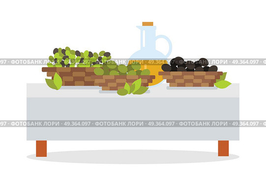Fresh harvest of olives concept. Wicker baskets full of green and black olives, bottle with virgin olive oil standing on table covered white cloth flat vector illustration isolated on white background. Fresh Harvest of Olives Flat Design Vector Concept. Fresh Harvest of Olives Flat Design Vector Concept. Стоковая иллюстрация, агентство Ingram Publishing / Фотобанк Лори