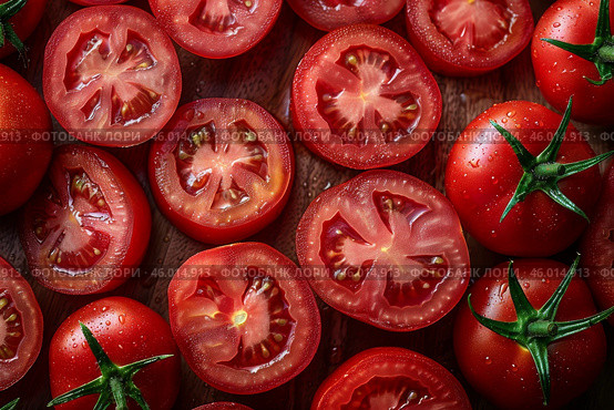 Fresh, juicy red tomatoes sliced and arranged with vibrant textures. A perfect top view for food photography, cooking, and organic produce themes. Стоковое AI-изображение, AI-художник Александра Троицкая / Фотобанк Лори