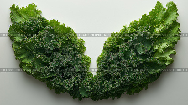 Fresh kale bunches arranged as wings of a bird on a light background. Пучки свежей капусты в виде крыльев птицы на светлом фоне. Стоковое AI-изображение, AI-художник Katsiaryna Repich / Фотобанк Лори