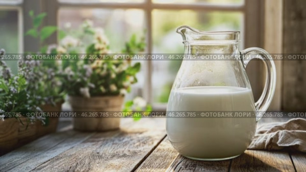 Fresh milk in glass jug on wooden table by window. Стоковое AI-видео, аниматор Юрий Поздников / Фотобанк Лори