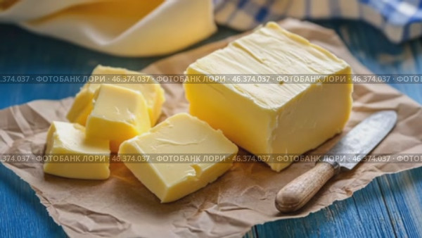 Fresh yellow butter sliced on wood cutting board. Cut butter block and pieces on a rustic table, blue linen napkin. Assortment of natural organic butter for breakfast. Baking ingredient. Close up view. Стоковое AI-видео, аниматор Марина Демидюк / Фотобанк Лори