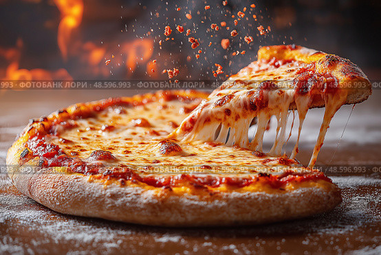 Freshly baked cheese pizza being served from wooden platter/ Свежеиспеченная сырная пицца подается на деревянном блюде. Стоковое AI-изображение, AI-художник Katsiaryna Repich / Фотобанк Лори