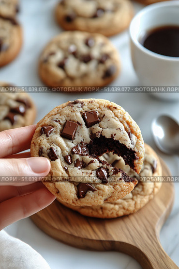 Freshly Baked Cookies With Gooey Chocolate Filling on a Marble Countertop. Стоковое AI-изображение, AI-художник Юлия Гапеенко / Фотобанк Лори