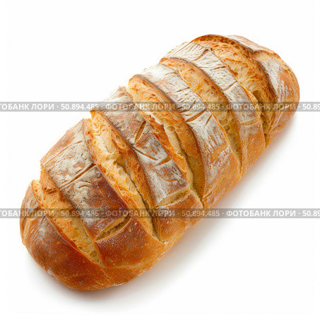 Freshly baked loaf of bread showing scoring marks on white background. Стоковое AI-изображение, AI-художник Иван Рябоконь / Фотобанк Лори