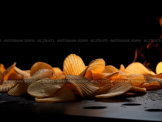 Fried potato chips on a black background. The illustration was created by AI. Стоковое AI-изображение, AI-художник Ярославский Максим / Фотобанк Лори