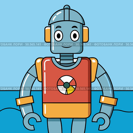 Friendly cartoon robot in the water. wearing a life preserver. Perfect for childrens books. educational materials. or websites about technology. Стоковая иллюстрация, агентство Ingram Publishing / Фотобанк Лори