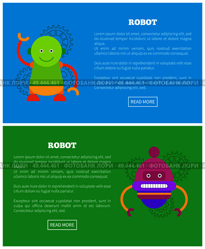 Friendly robots for human help Internet pages. Robots in colorful corpuses with faces on web banners cartoon vector illustrations with sample text.. Friendly Robots for Human Help Internet Pages Set. Стоковая иллюстрация, агентство Ingram Publishing / Фотобанк Лори